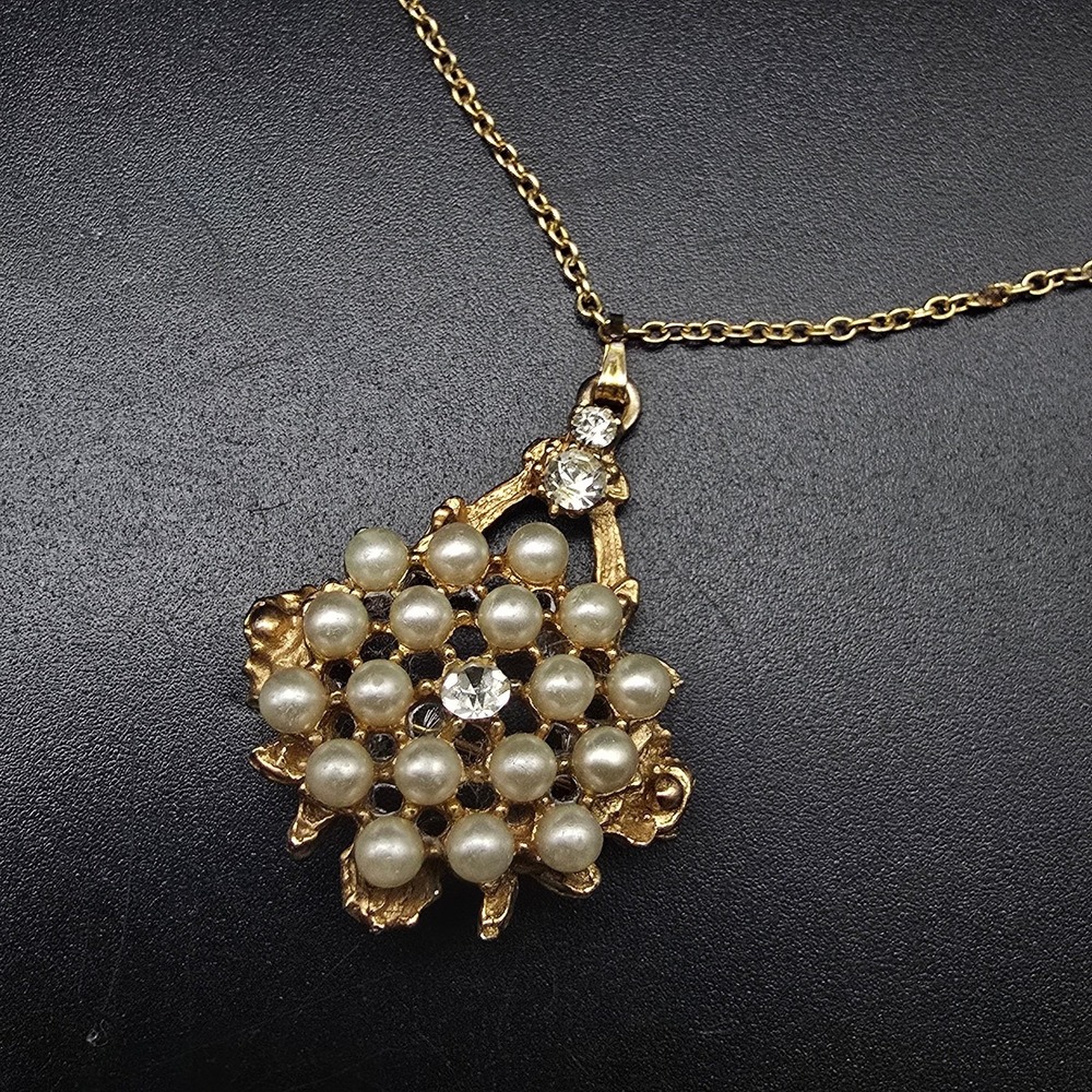 Faux Pearl Rhinestone Brooch Pendant Necklace Vintage Costume Jewelry